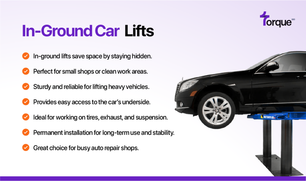 An in-ground car lift is a space-saving solution that stays hidden when not in use, offering a hydraulic system for lifting vehicles from below. Ideal for busy auto repair shops or small, clean work areas, it provides easy access to the underside of cars for repairs and ensures long-term stability with its permanent installation.