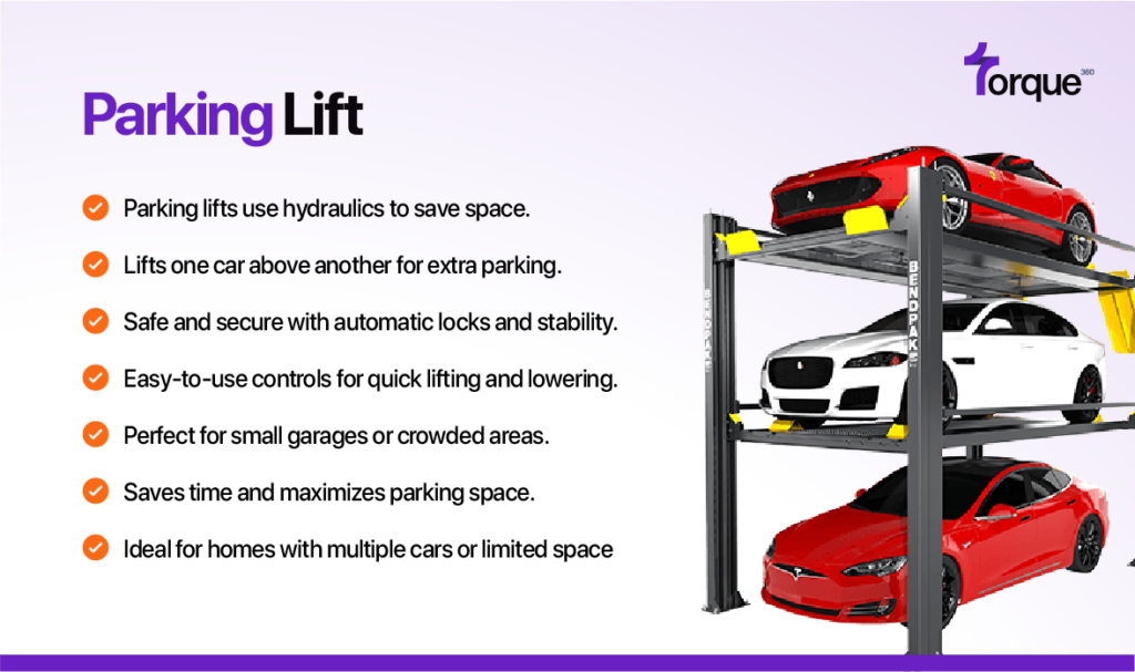 A parking lift uses hydraulic systems to stack one car above another, maximizing garage space and allowing for extra parking in limited areas. With easy controls, automatic locks, and secure stability, it's perfect for homes with multiple cars or small, crowded garages, saving both time and space.