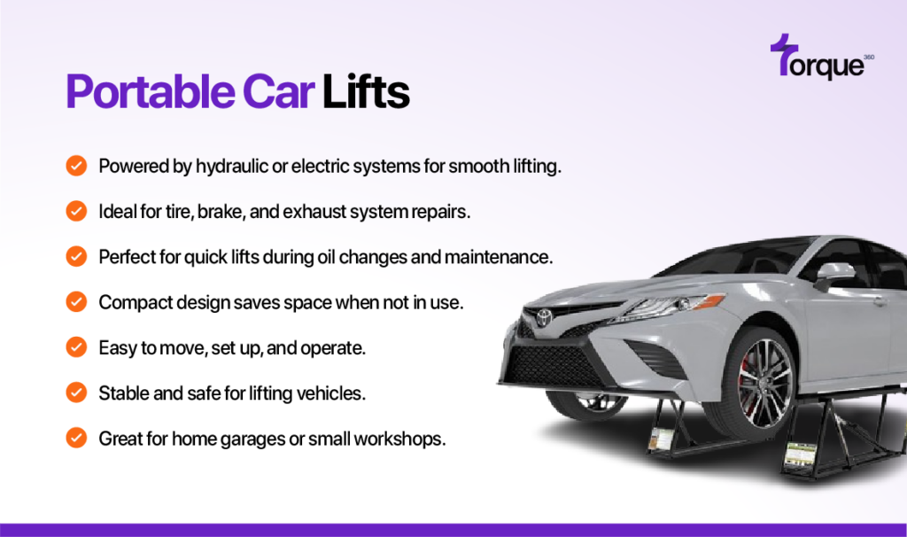 A portable car lift is a compact, easy-to-use tool powered by hydraulic or electric systems, perfect for quick lifts during tire, brake, or exhaust repairs. Its movable design allows for convenient setup in small spaces, making it ideal for home garages or workshops that need flexibility and stability without permanent installation.