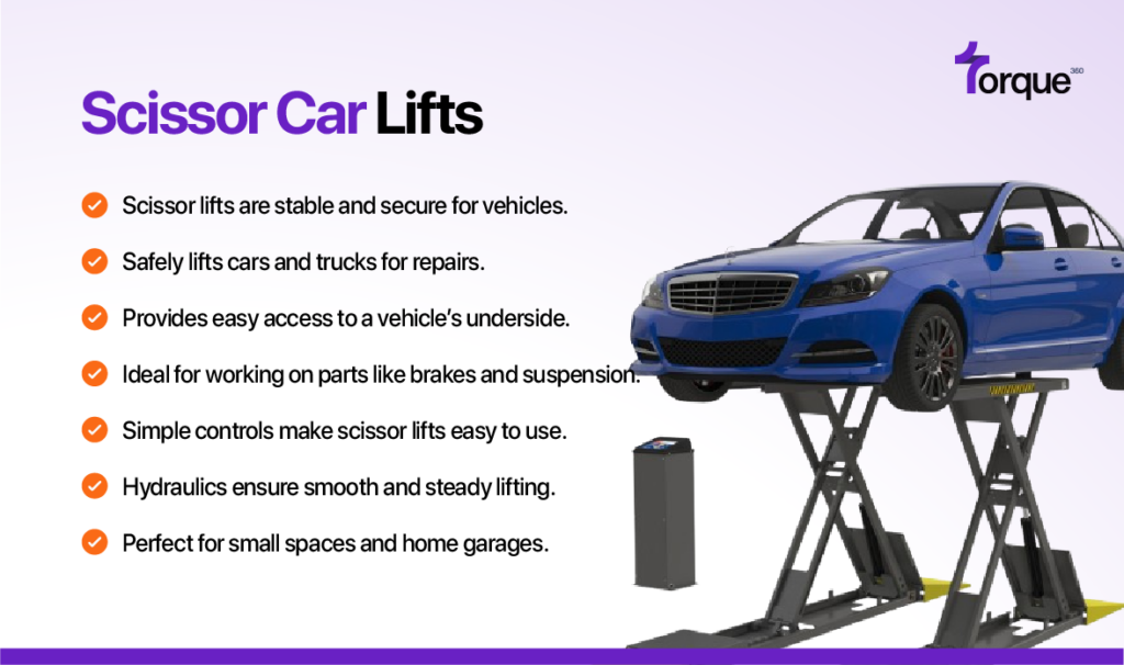 A scissor car lift utilizes a compact scissor mechanism to securely raise vehicles, making it ideal for small garages or shops with limited space. Its stable design, easy controls, and hydraulic system provide smooth lifting, offering easy access to a vehicle’s underside for repairs, particularly on brakes and suspension.