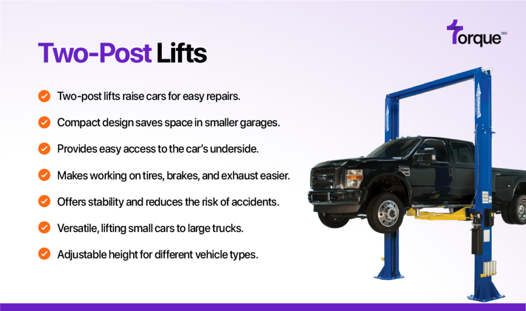 Two-post auto repair lifts are ideal for shops working on sedans, SUVs, and smaller trucks, offering a compact design that saves space while providing easy access to the car's underside for repairs. They deliver stability, versatility, and adjustable height, making tasks like tire, brake, and exhaust work safer and more efficient.